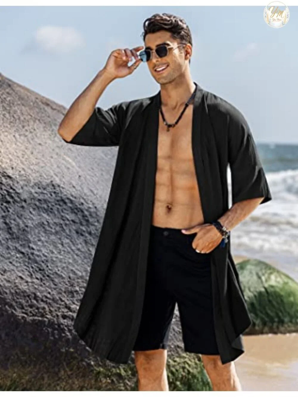 Men's Linen Rayon Cardigan Robe Lightweight Shawl Collar Bathrobe